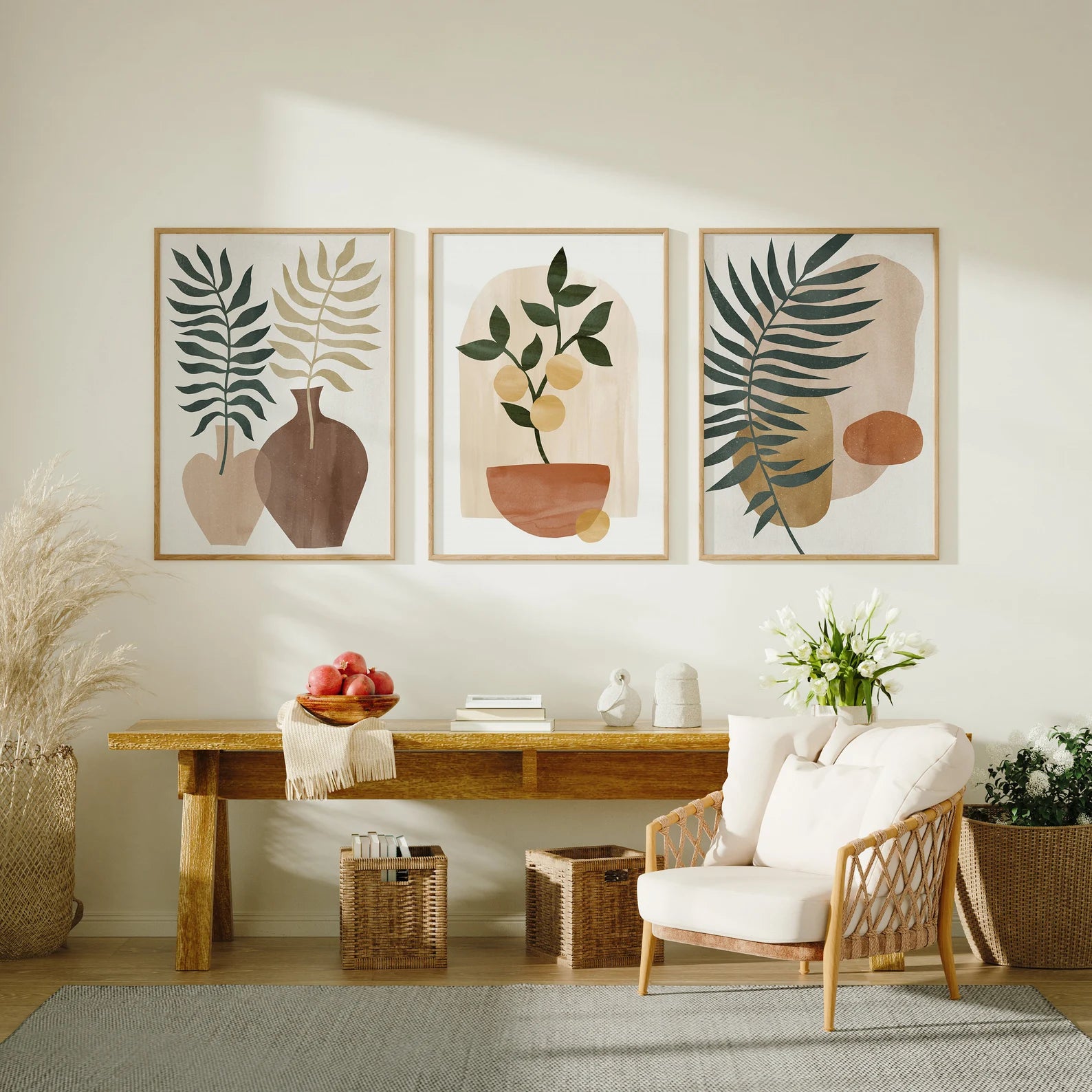 3 Vertical 5x7 Living Room Wall Frames Mockup With Sunlight