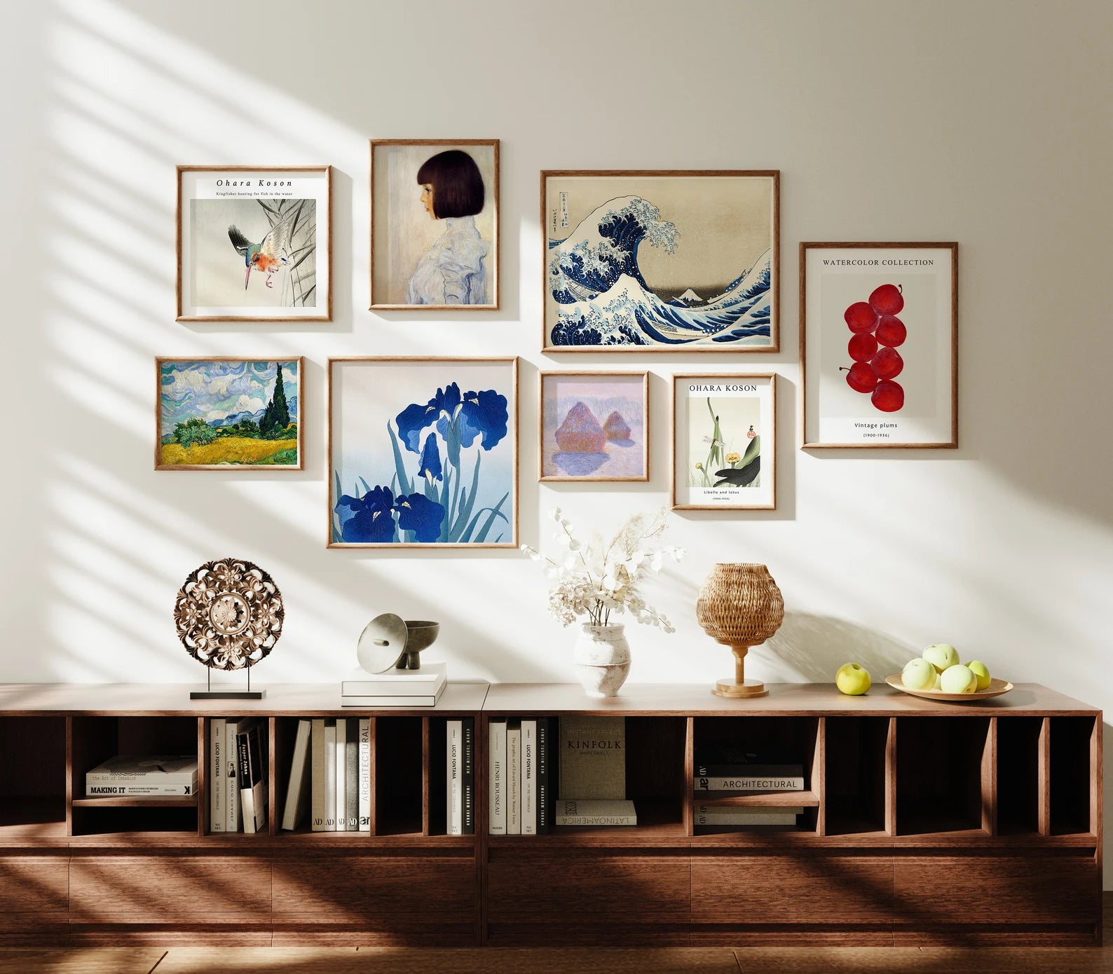 8 Wall Gallery Frames Mockup With Sunlight