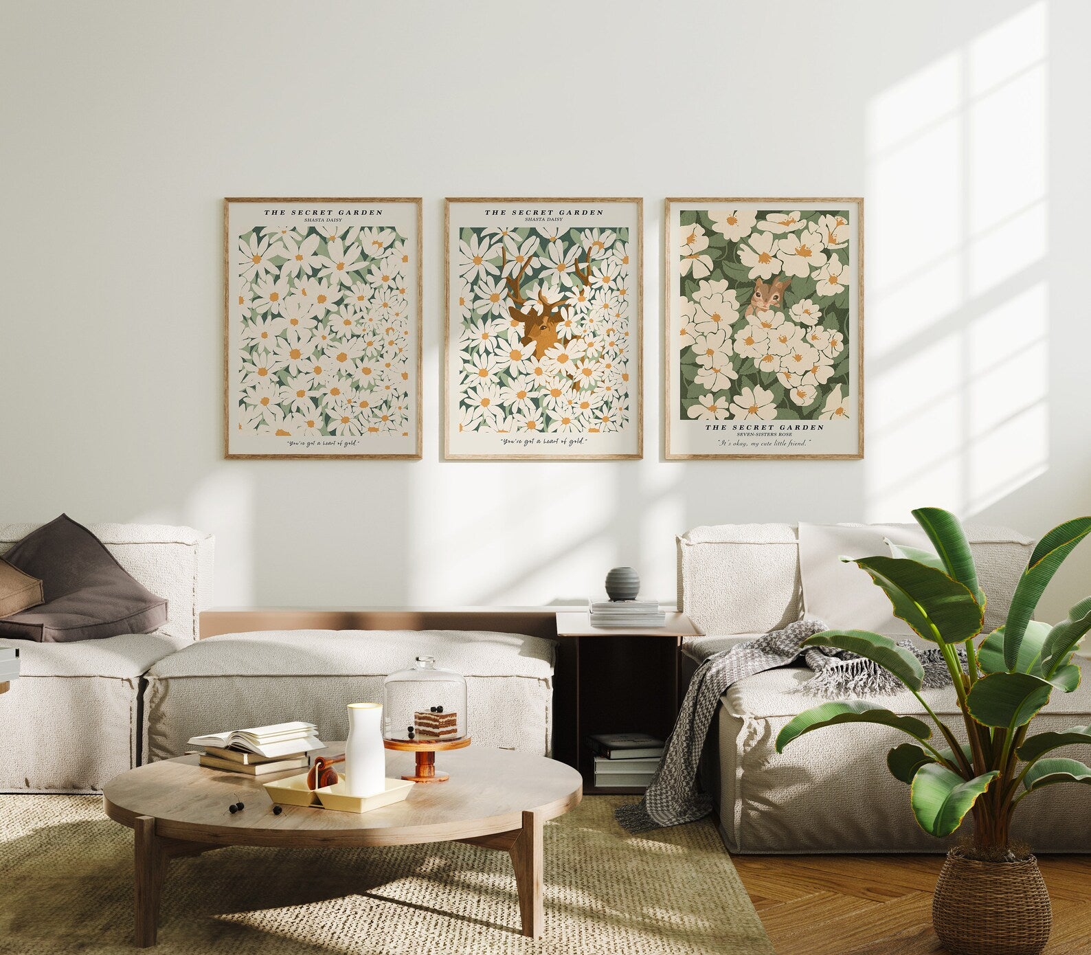 3 Vertical 3x4 Living Room Wall Frames Mockup With Sunlight