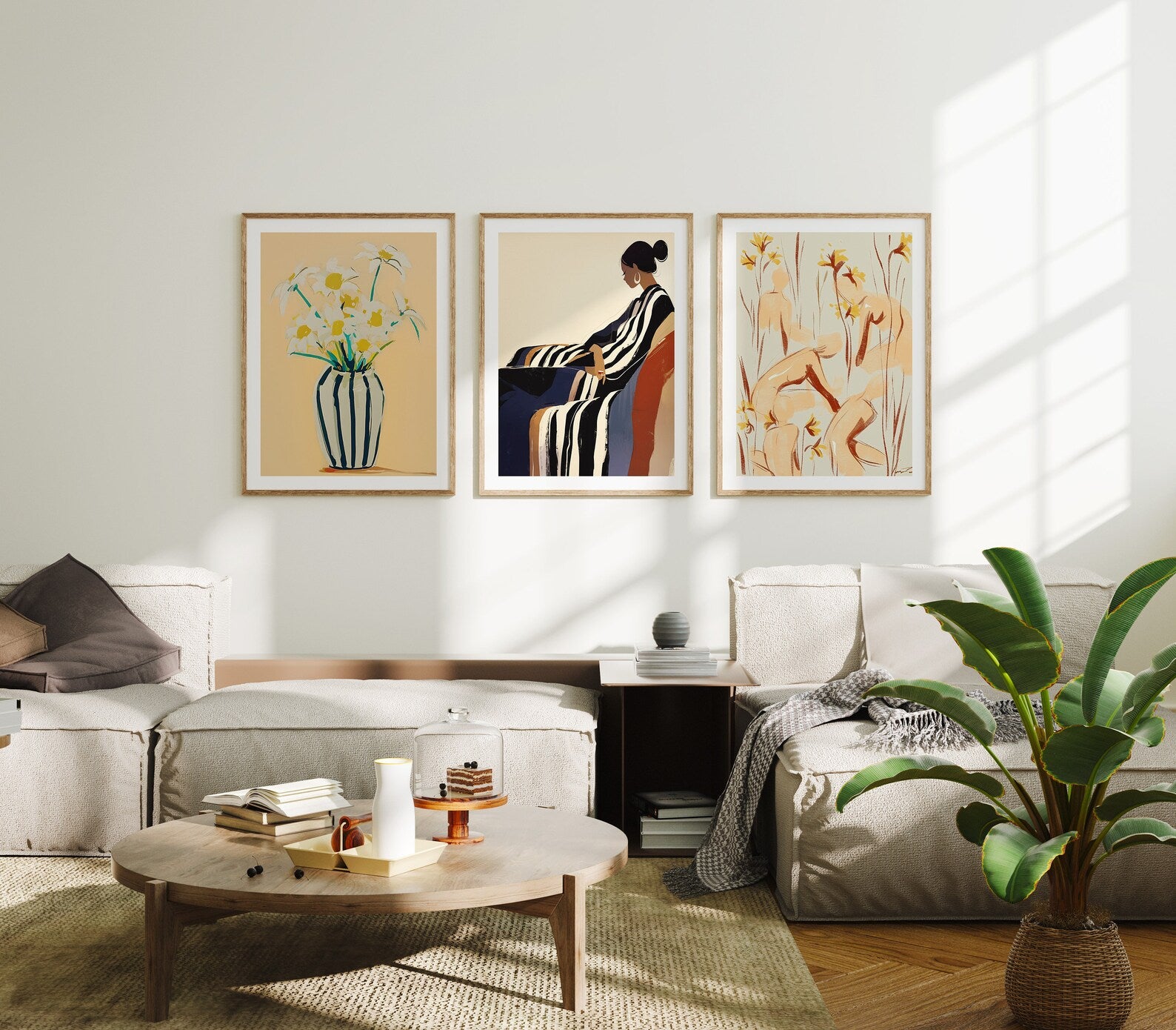 3 Vertical 3x4 Living Room Wall Frames Mockup With Sunlight