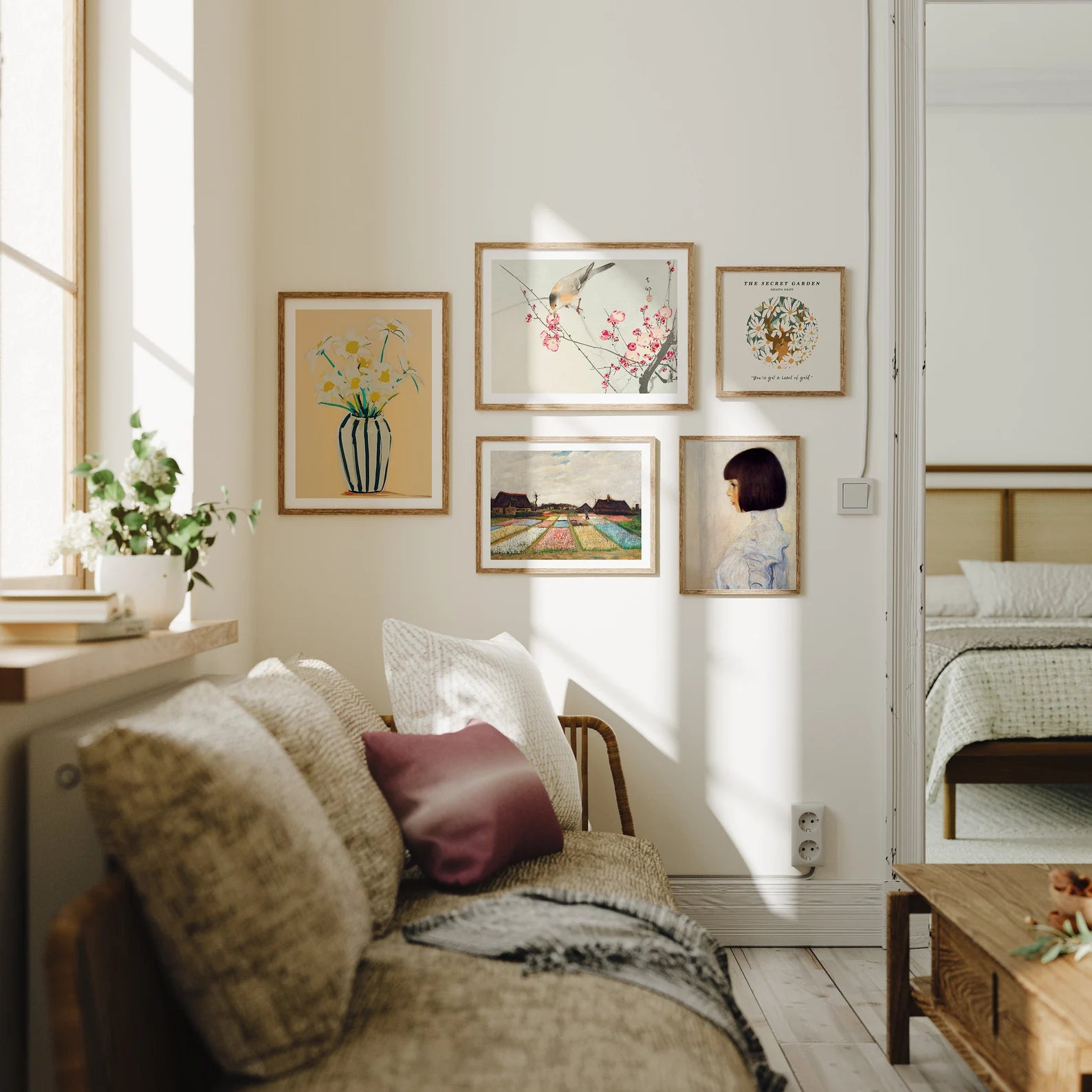 5 Wall Gallery 3x4 Frames Mockup With Sunlight