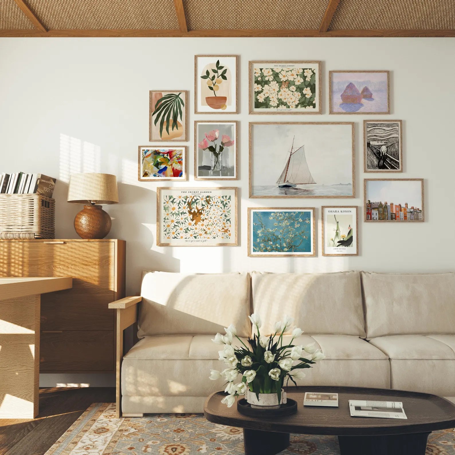 12 Living Room Wall Gallery 5x7 Frames Mockup With Sunlight