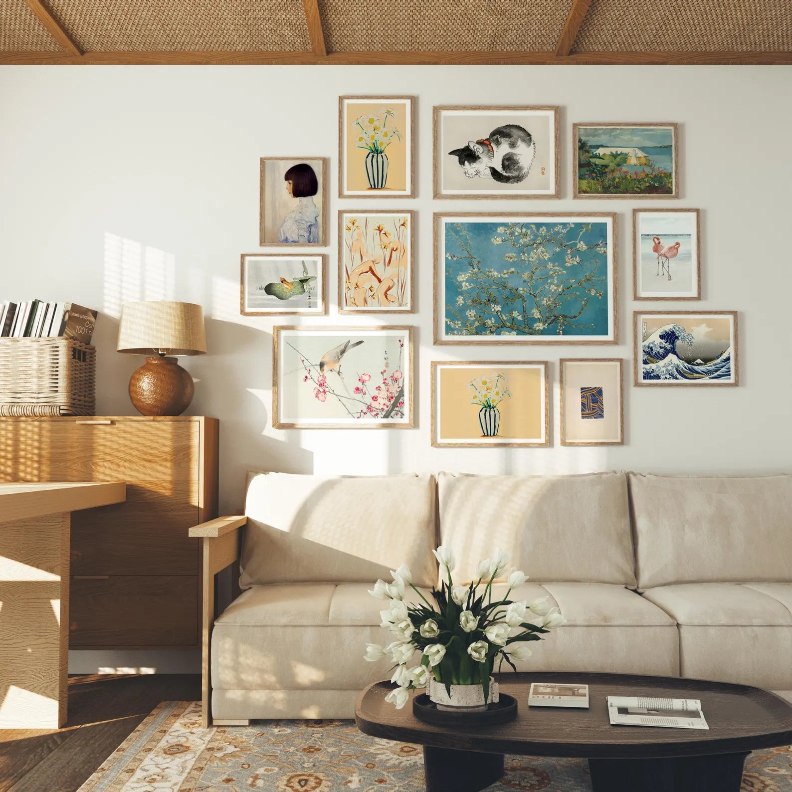 12 Living Room Wall Gallery 5x7 Frames Mockup With Sunlight