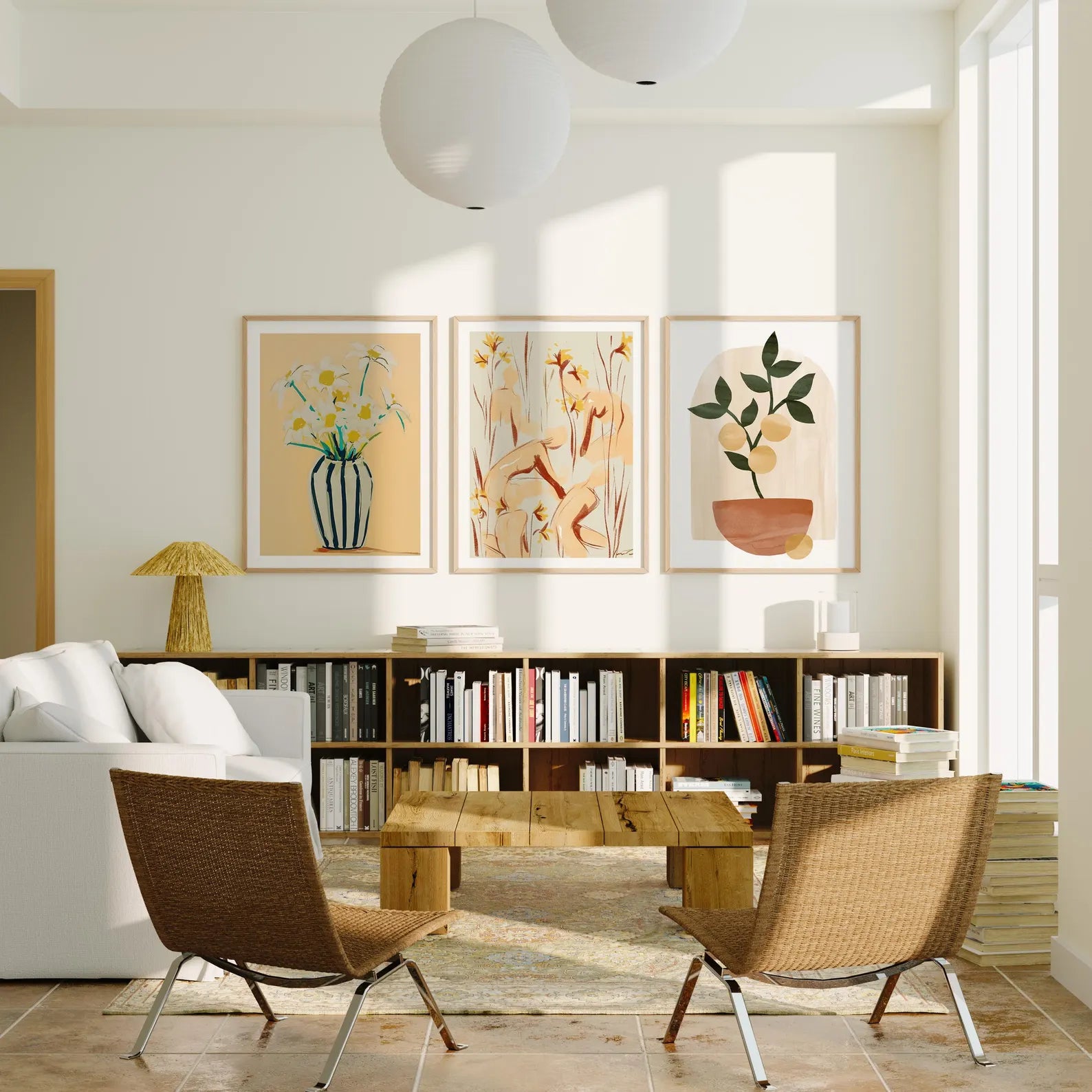 3 Vertical 3x4 Living Room Wall Frames Mockup With Sunlight