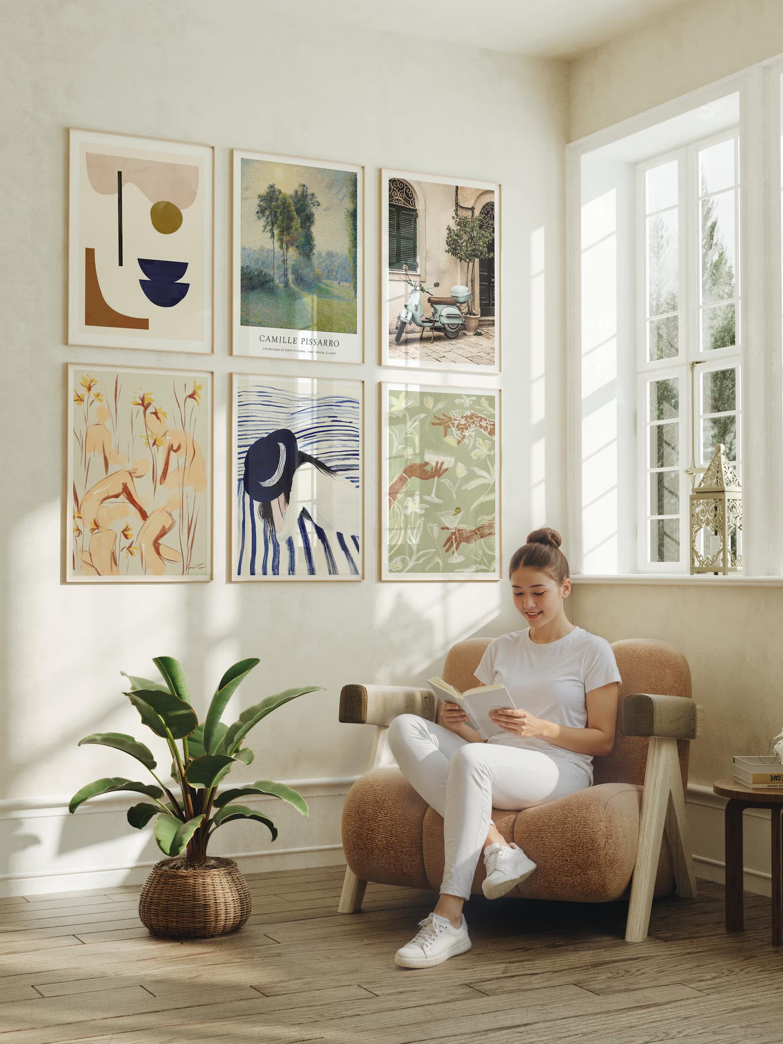 6 Vertical A Series Wall Frames Mockup With Sunlight And With Person