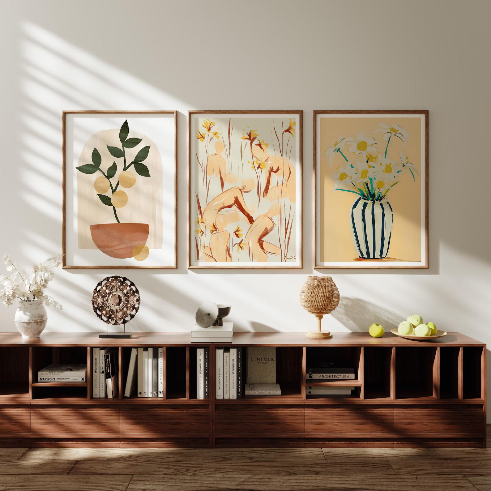 3 Vertical 5x7 Wall Frames Mockup With Sunlight